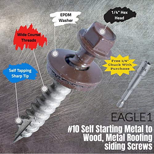 Metal Roofing Screws #10 (250 Count) Painted Hex Head Screw With Edpm Washer. Self Starting Metal To Wood Siding Screws. Free Magnetic Driver With Order! (1.5 Inch, Brown, 250) #TOP2
