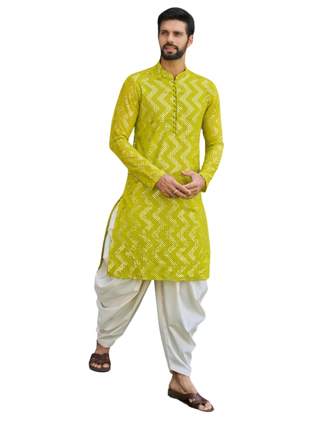 see designs Men's Men Full Sleeve Mandarin Collar Sequins Woven Designs Viscose Rayon Kurta With Patiala Salwar-picture-12