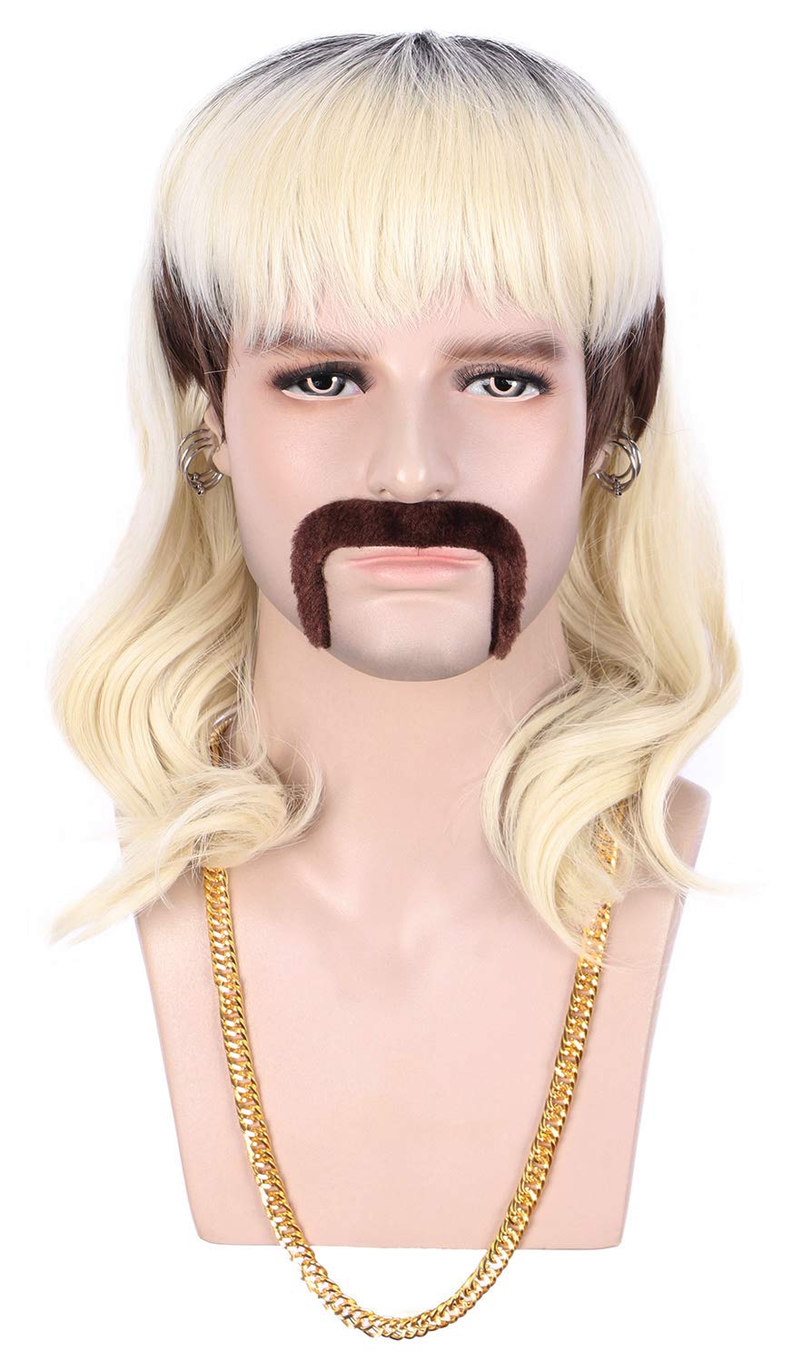 karlery Adult Men 70s 80s Rocker Mullet Long Wave Beige Blonde Dark Root Mutsache Wig with 6 Earrings and Golden Necklace Halloween Costume Cosplay Wig