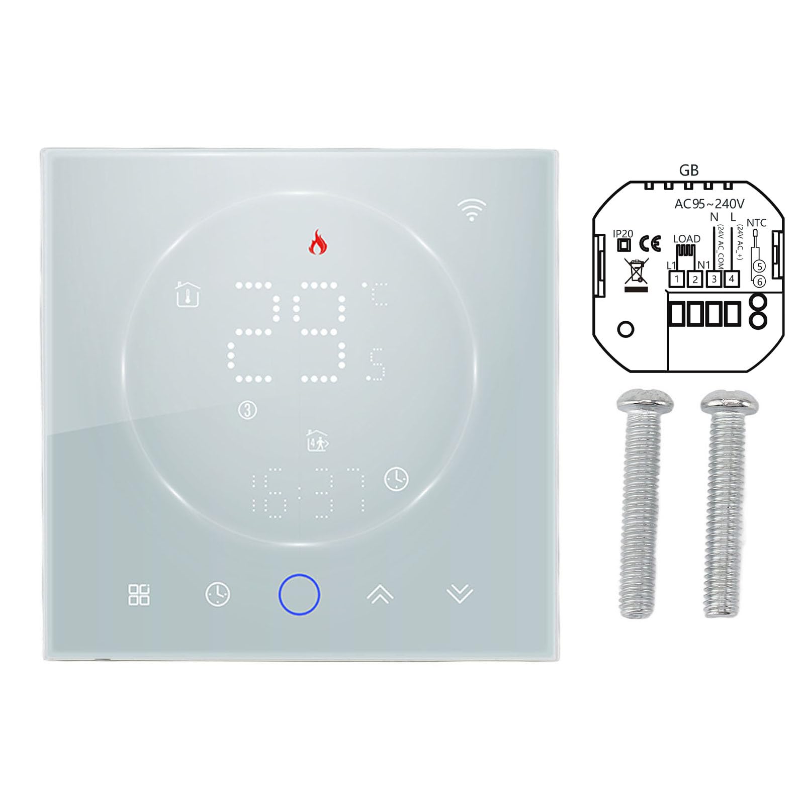 SIXRUN Termostato Smart Home Programmabile WiFi Termostato Touch Screen AC da 95 a 240 V da 41 a 95 F 16A Controllo Vocale Programmazione a 6 Periodi per Riscaldamento Elettrico Home Office (WHITE)