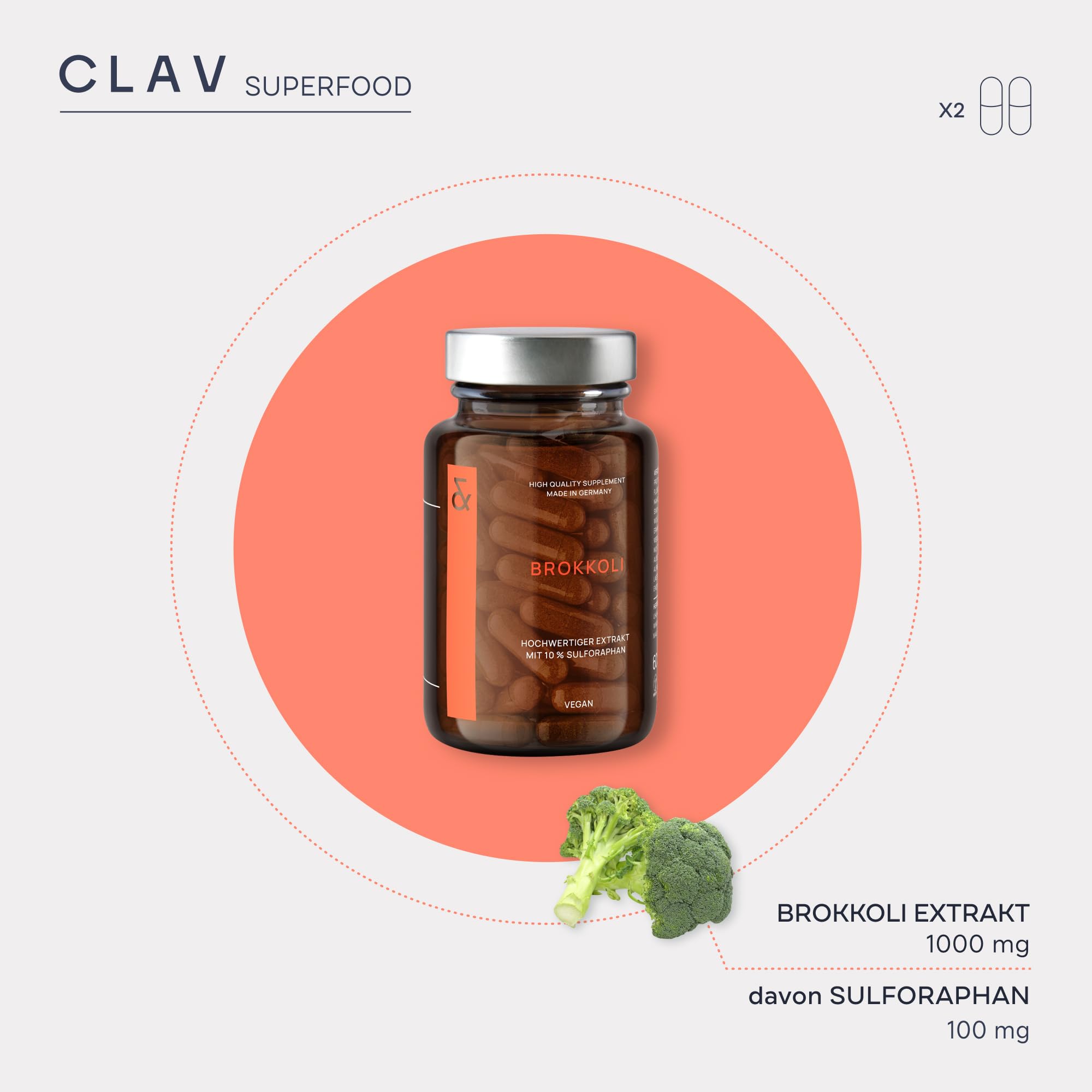 CLAV® Brokkoli Extrakt, Sulforaphan Hochdosiert, 180 Vegane Kapseln | Für Zellschutz, reich an Antioxidantien, Vitaminen & Mineralstoffen, aus Brokkolisprossen, Laborgeprüft, im Apothekerglas