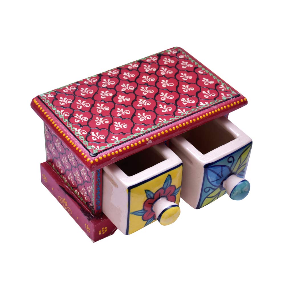 HC THE CRAFTS Hand Decorated Painting Handmade Wooden and Ceramic Drawers Small Chest Jewellery (Orange) (RED Color) 1