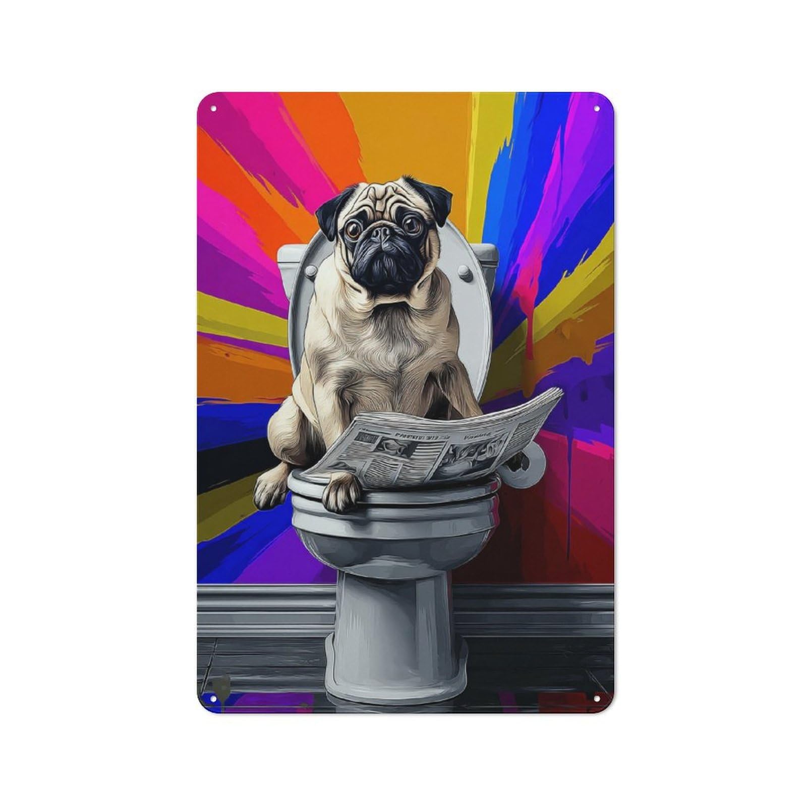 Pug on Toilet Reading Newspaper -1 Metal Wall Sign 30x20cm, Rustic Classic Pub Decor for Cafe, Pub, Workshop Or Home Bar
