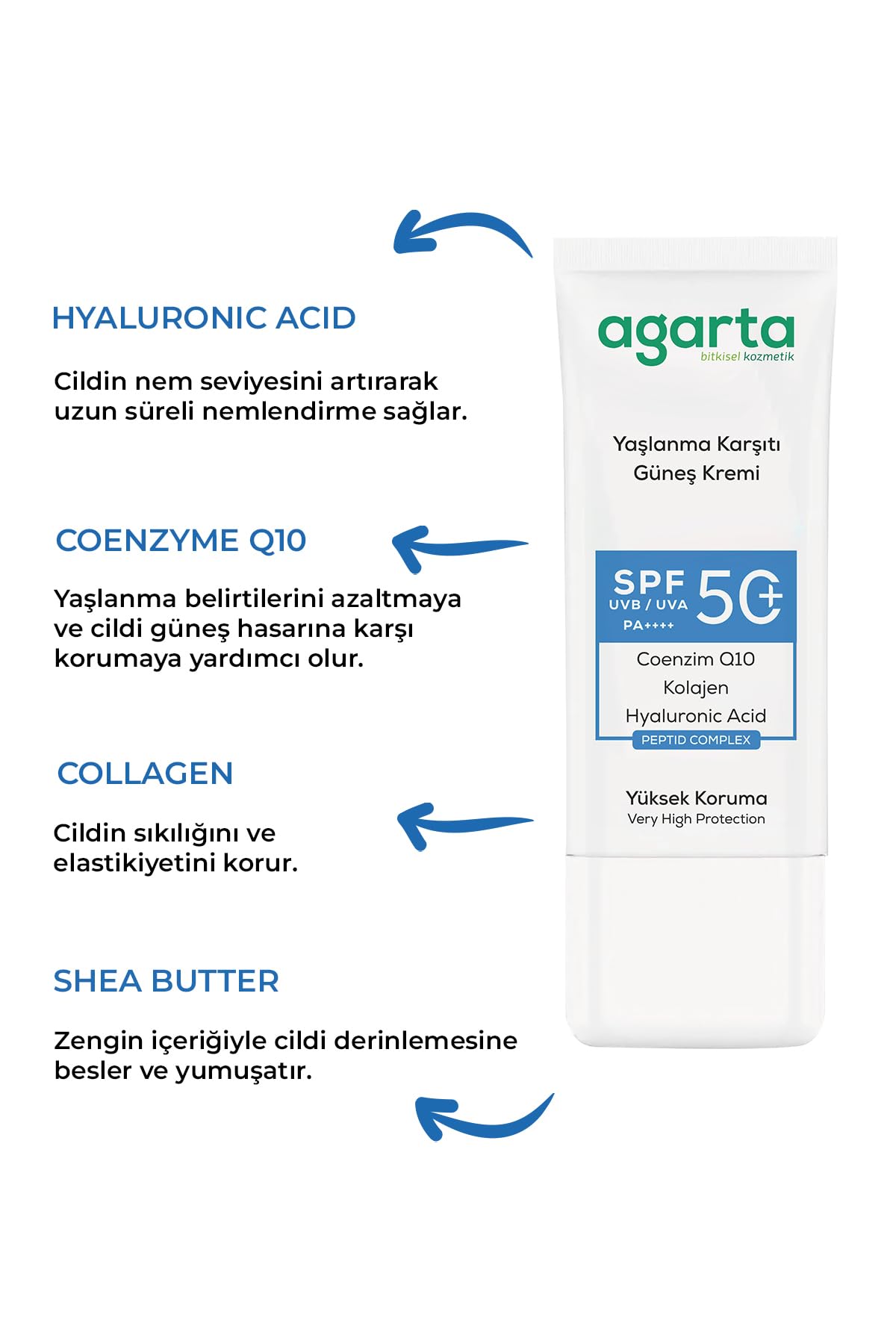 Agarta Yaşlanma Karşıtı Güneş Kremi, Collagen Destekli, SPF 50+, 50 ml