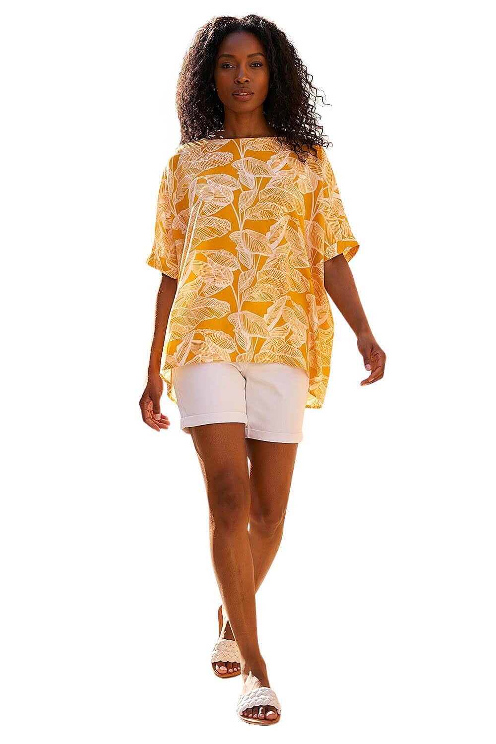 Roman Women's Yellow Leaf Print Buttoned Back Top In | : Size 14