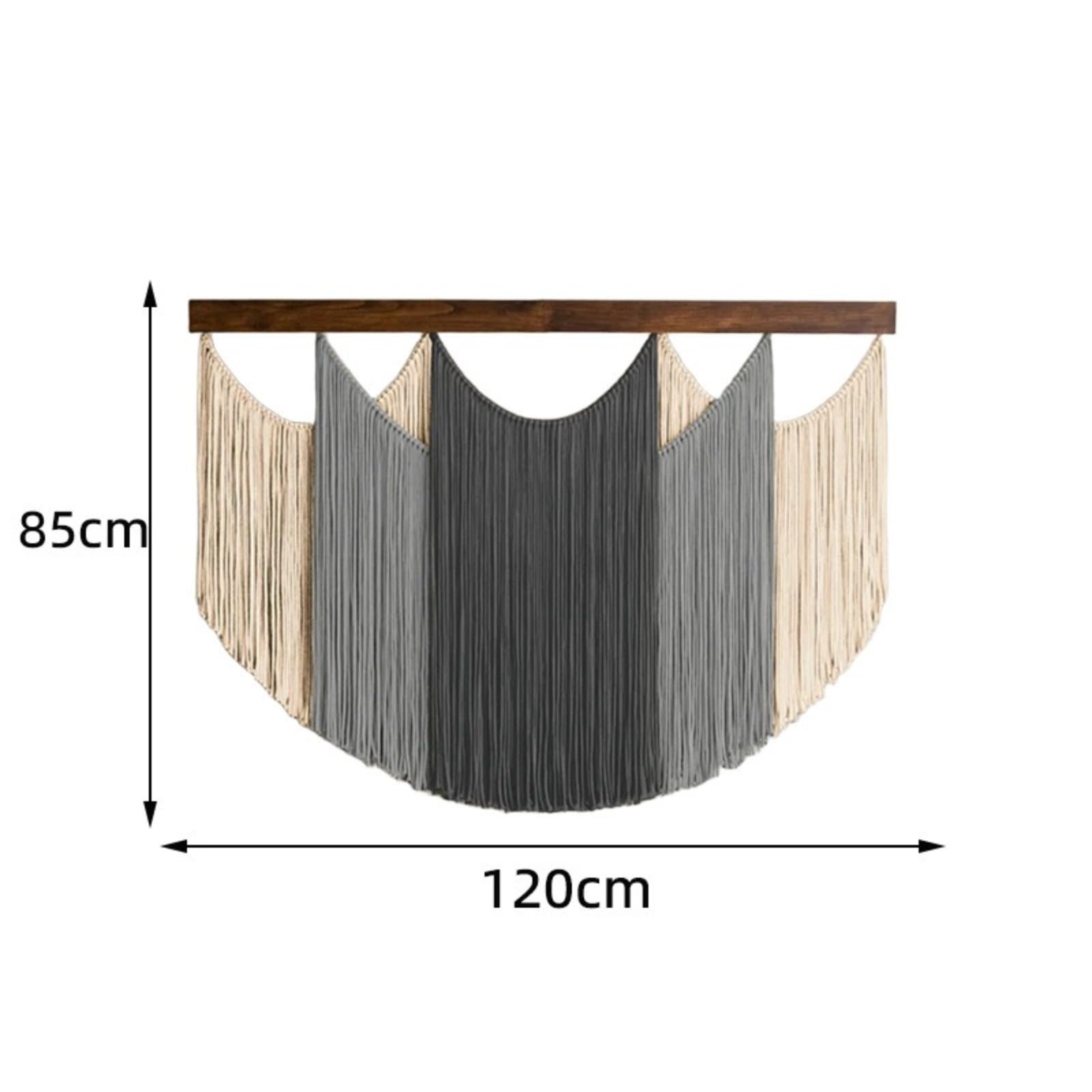 Großes Makramee Wandbehang 120 x 85 cm | Boho Wanddekoration aus Naturbaumwolle mit Holzstange | Moderner Gewebter Wandteppich in Grau-Verlauf & Creme für Wohnzimmer, Schlafzimmer, Flur Dekoration
