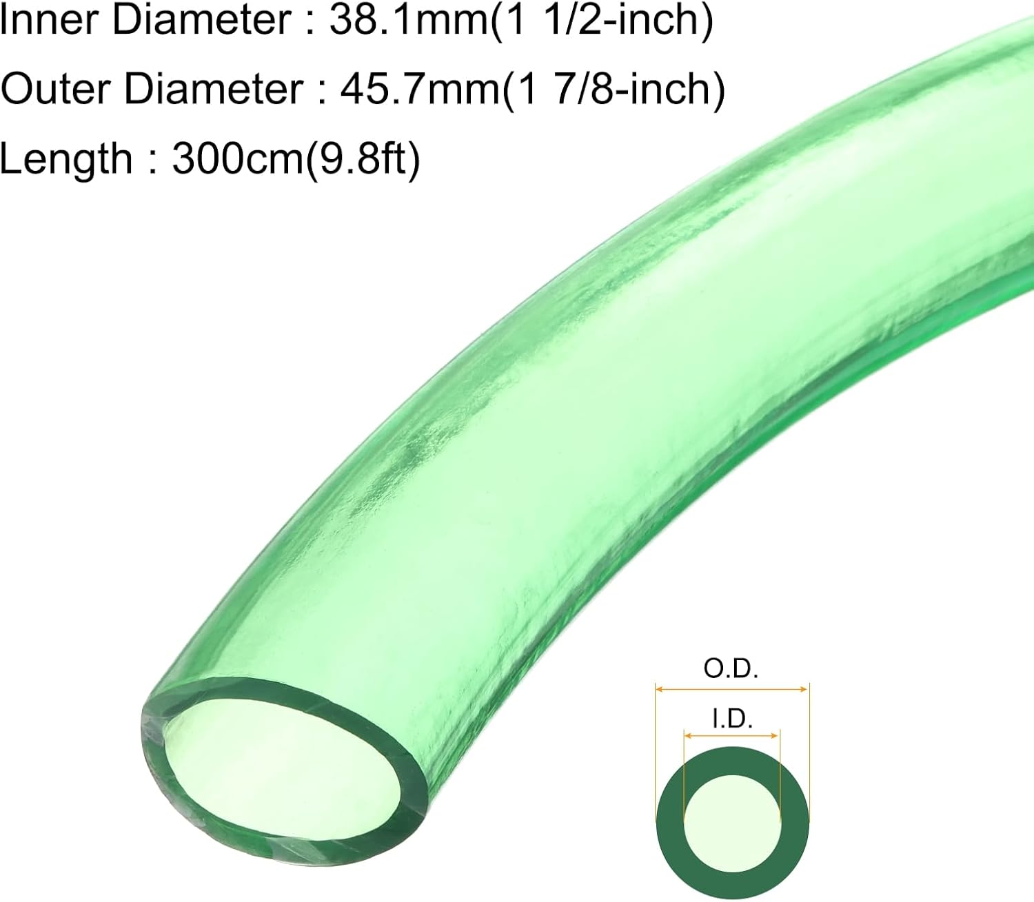 1 1/2" x 1 7/8" Green Plastic PVC Tubing 10ft Flexible Vinyl Tube, [for Garden Irrigation, Water Hose, Fish Tank, Aquarium] - 38.1mm x 45.7mm