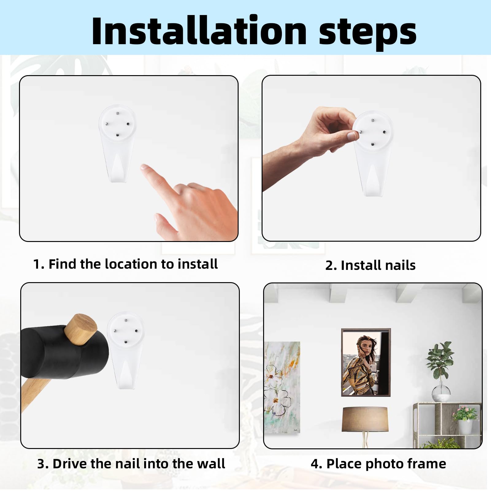 TYVOM 50 Pcs Non-Trace Picture Hooks for Plasterboard Walls Picture Hanging Kit Hard Wall Picture Hooks Assorted Picture Hanger Set for Drywall Concrete Wall Painting Wedding Photos Mirror - Image 3