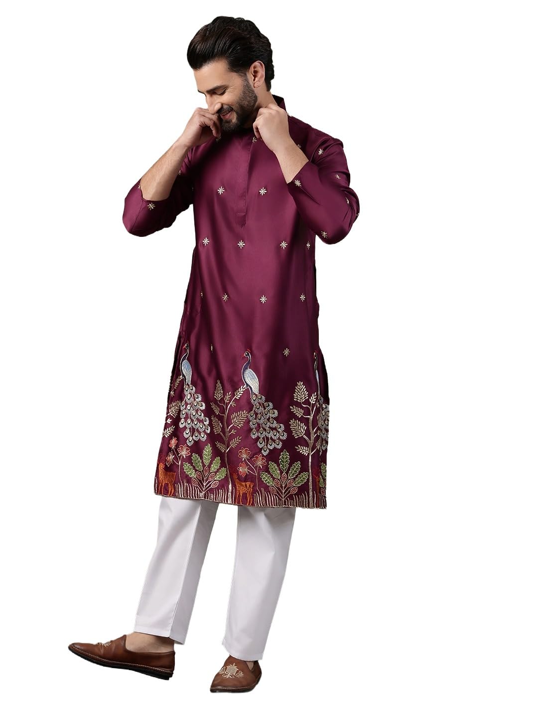 (Since 1958 Men's Cotton Silk Flora & Fauna Embroidered Kurta With Pyjama-image-31