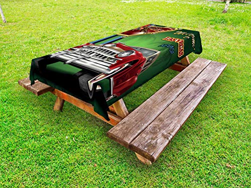 Ambesonne Las Vegas Outdoor Tablecloth Welcome Sign to Nevada with Retro Car and Roulette Table on Palm Tree Silhouettes