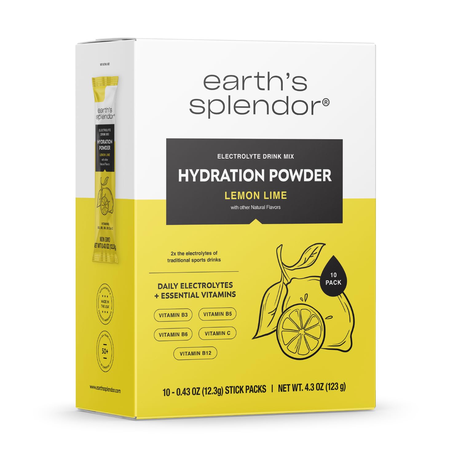 Hydration Powder, Lemon Lime, 10 Pack, Electrolyte Sticks
