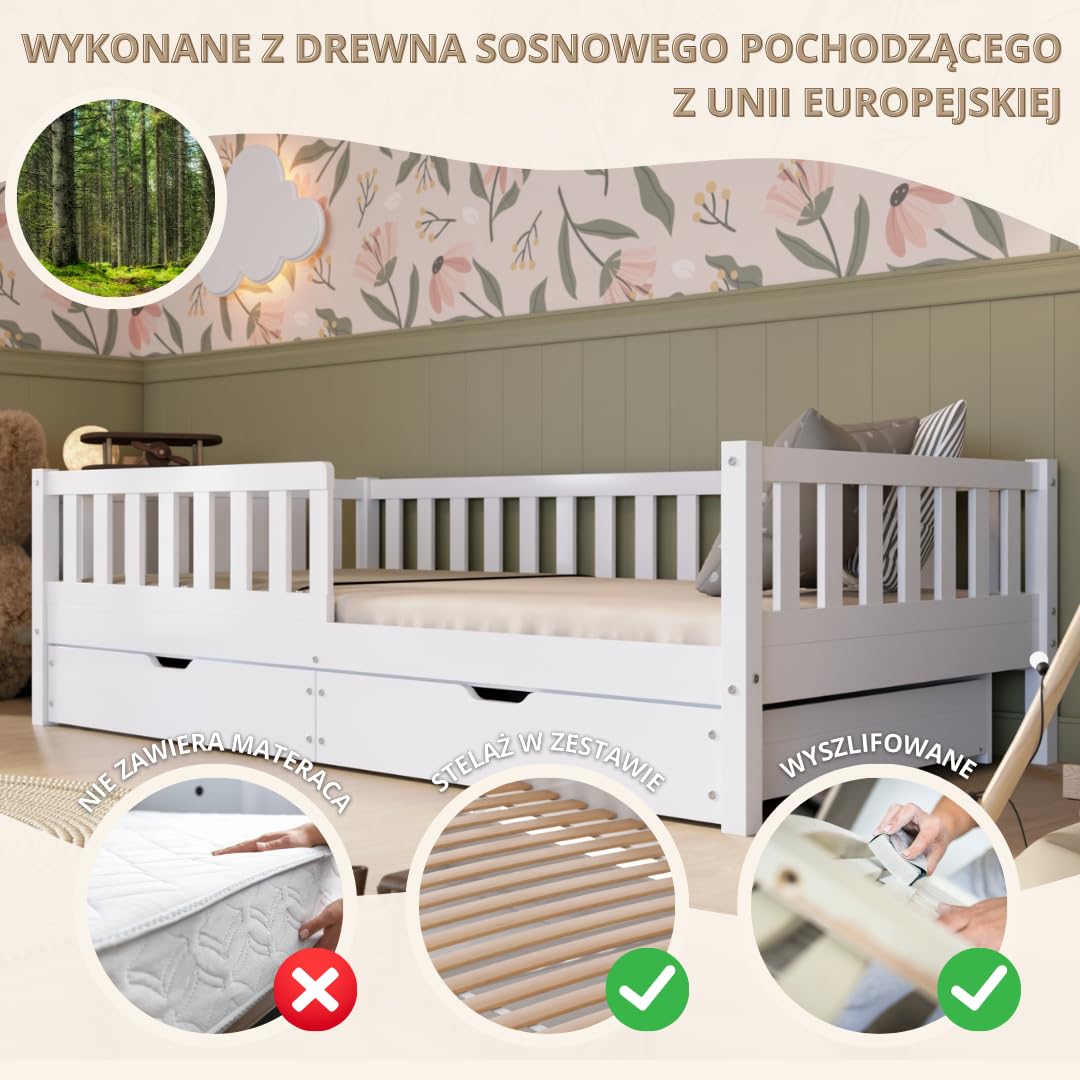 Łóżko dziecięce z szufladami Crazy Basic 200 x 120 cm - Montessori białe łóżko z zabezpieczeniem przed wypadnięciem - Bezpieczne dla najmłodszych - Łatwy montaż