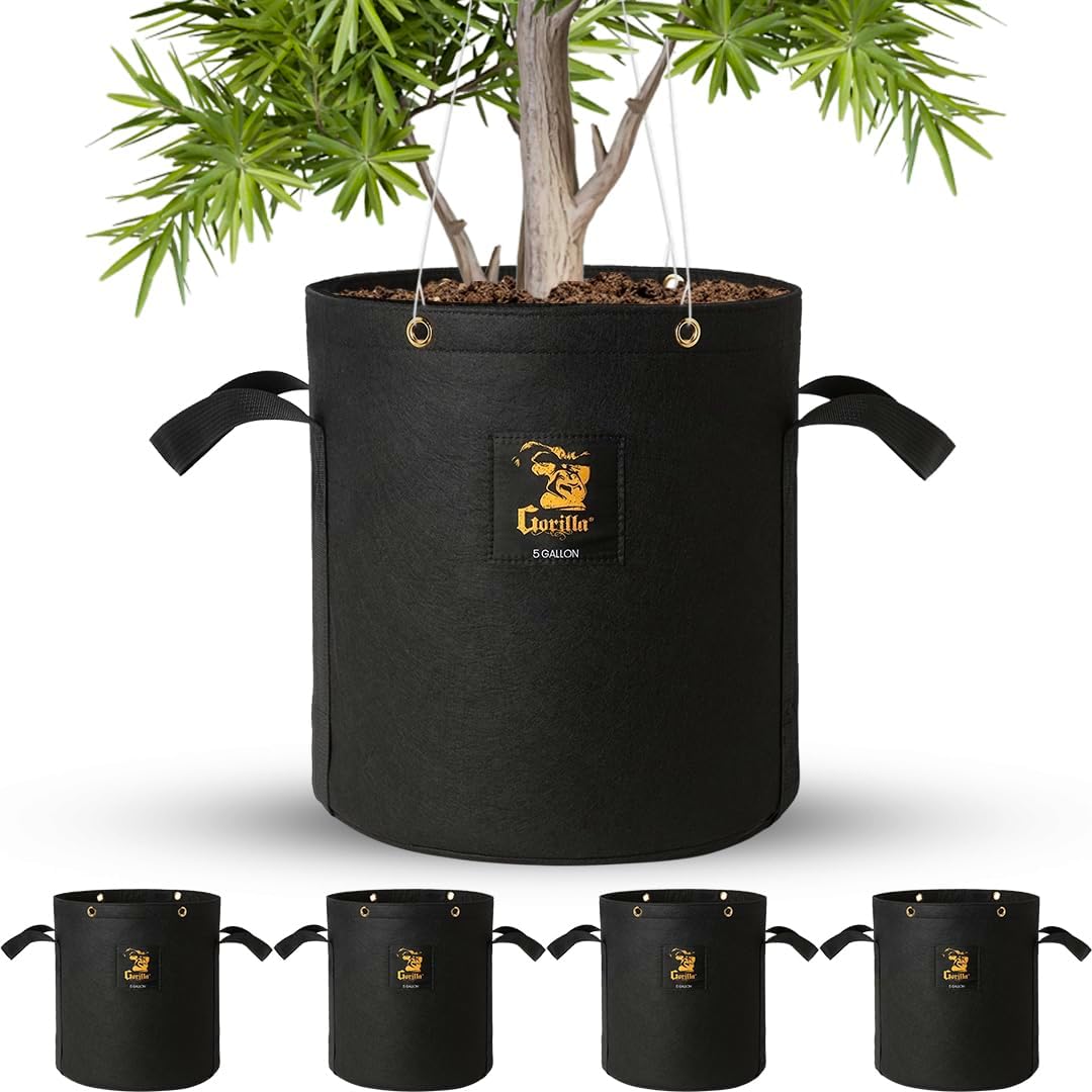 Gorilla 5 Gallon Grow Bags with Reinforced Handles – Thickest 600g, Breathable, BPA-Free Fabric Pot for Garden or Outdoor Planter Use, Promotes Root Health & Drainage – 4-Pack