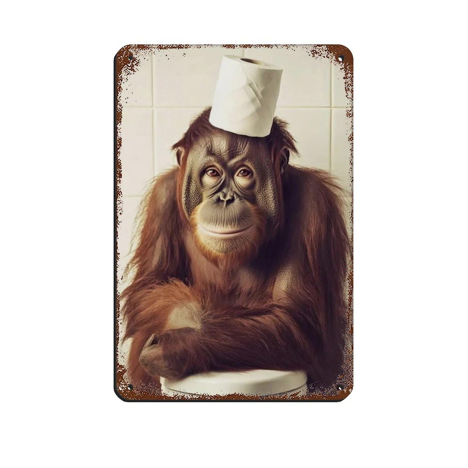 Orangutan Ape with A Toilet Paper Roll on Head Tin Sign Vintage Metal Pub Club Cafe Bar Home Wall Art Decoration Poster Retro 8x12inch(20x30cm)