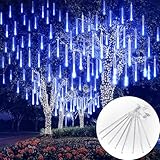 Dexmary Meteor Shower Lights, 144LED Blue Holiday Outdoor Illumination with 8 Tubes, Waterproof Hanging Display for Garden Yard Patio Tree Decor (Plug-in)