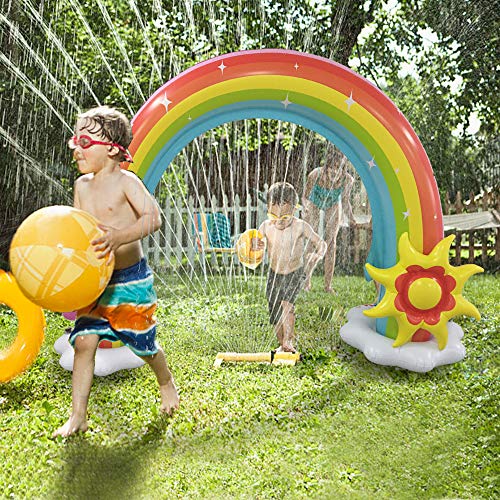 Rabosky Inflatable Rainbow Water Sprinkler, Large Outdoor Yard Water Toys for Toddlers and Kids, Unique Asymmetrical Design, 86" x 70", 2 Big Inflatable Frisbee Bring Kids More Summer Lawn Water Fun