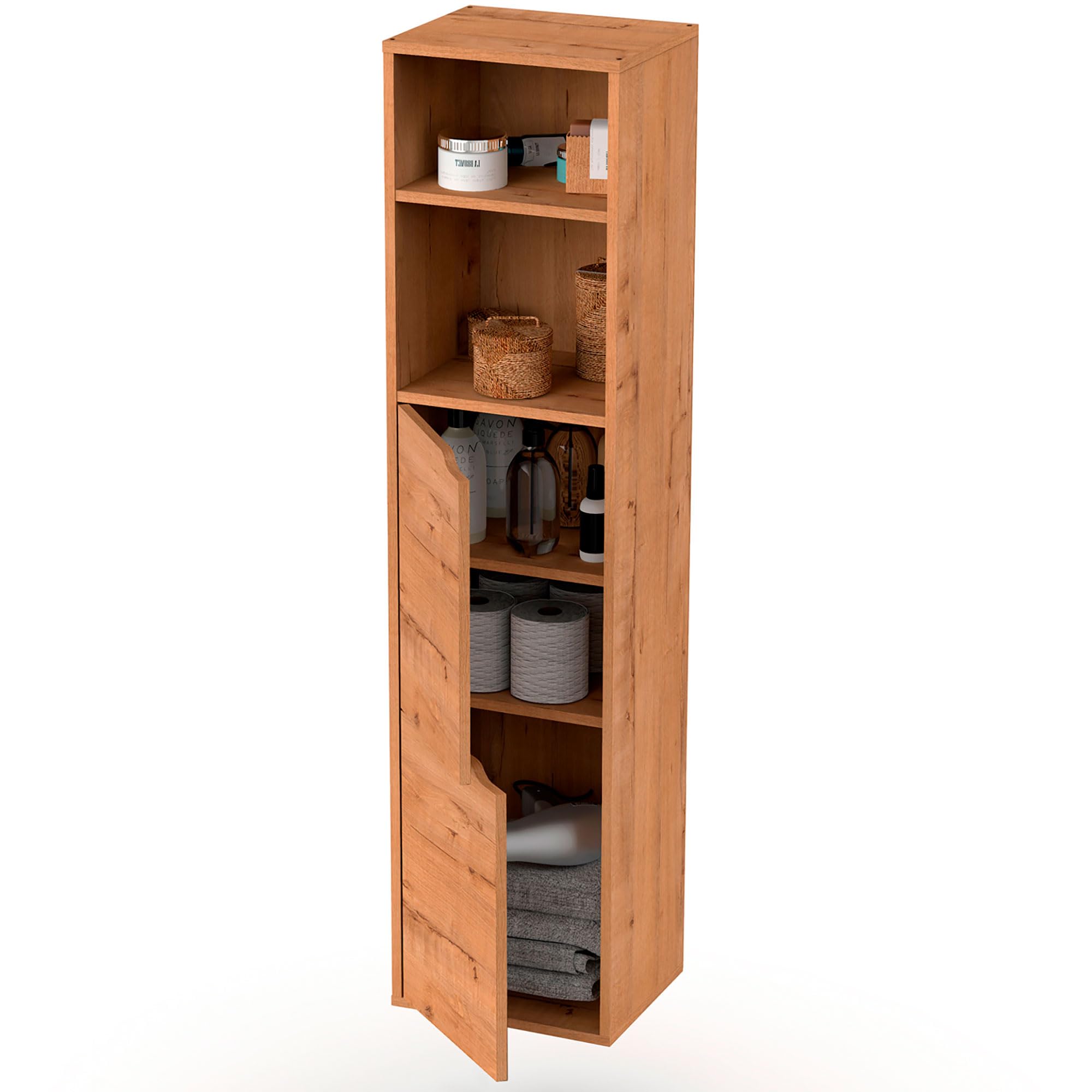 briebe Columna de Baño, Mueble Auxiliar Suspendido o al Suelo, Armario Alto Estilo Moderno 150x36,5x30 cm (Alto x Ancho x Profundo) Espacio de Almacenamiento 2 Estantes, 2 Puertas, Aura (Roble Gold)