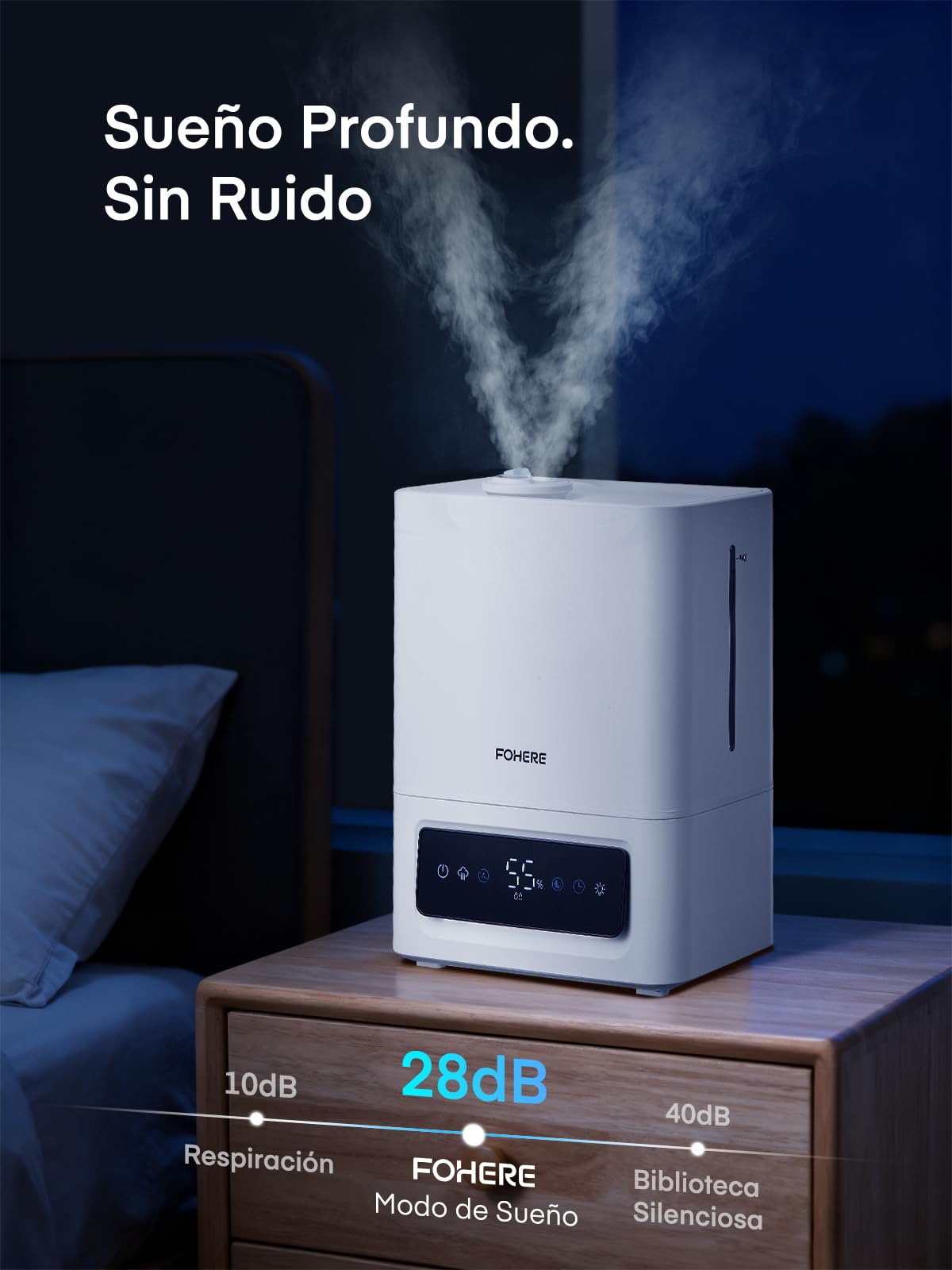 FOHERE Humidificador 6L, 60H Funcionamiento, 28dB Ultra Silencioso, para Habitaciones Grandes, Dormitorio, Bebé, Sensor Humedad, Temporizador 16H, Luz Nocturna, Difusor Aceites, Blanco