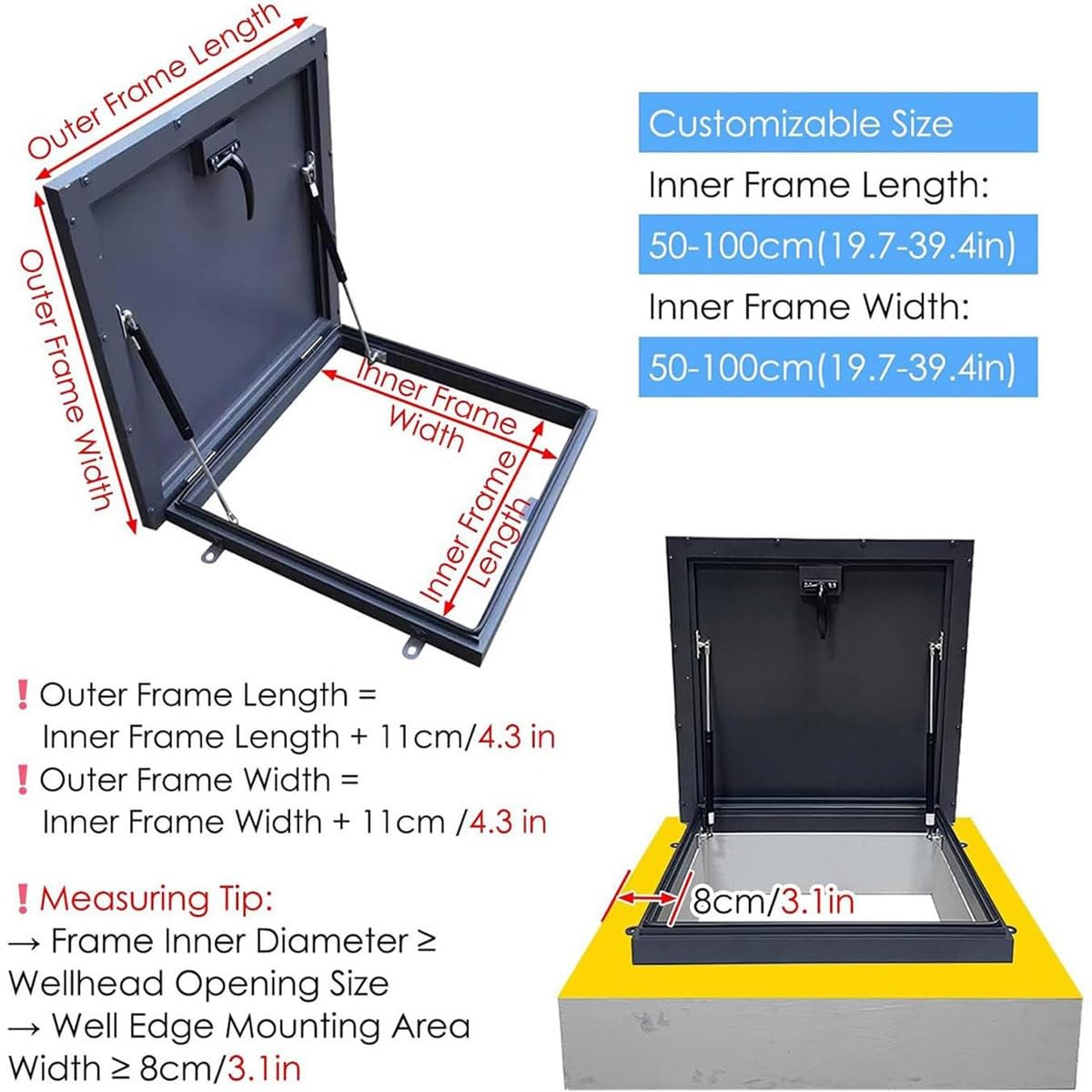 Trampilla de acceso al techo, cubierta de salida de techo de acero galvanizado con amortiguador de gas, manija y pestillo de puerta, cubierta de corte for trampilla de escape de techo(70x70cm)
