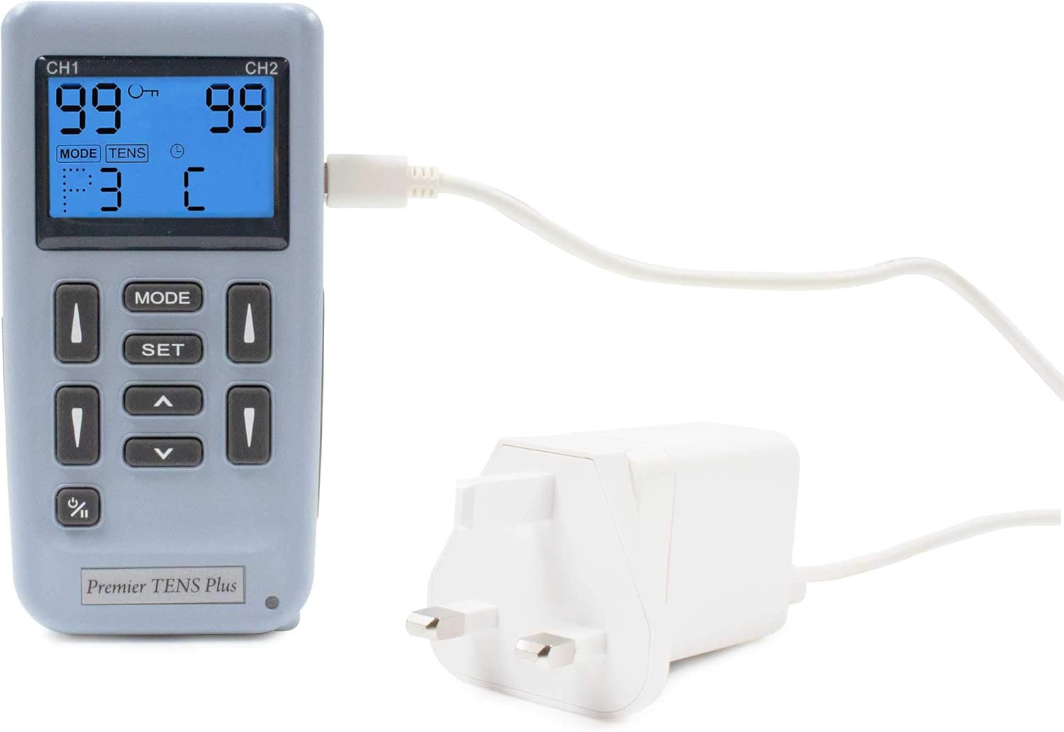 Med-Fit Premier TENS Machine connected to a charger via USB cable.