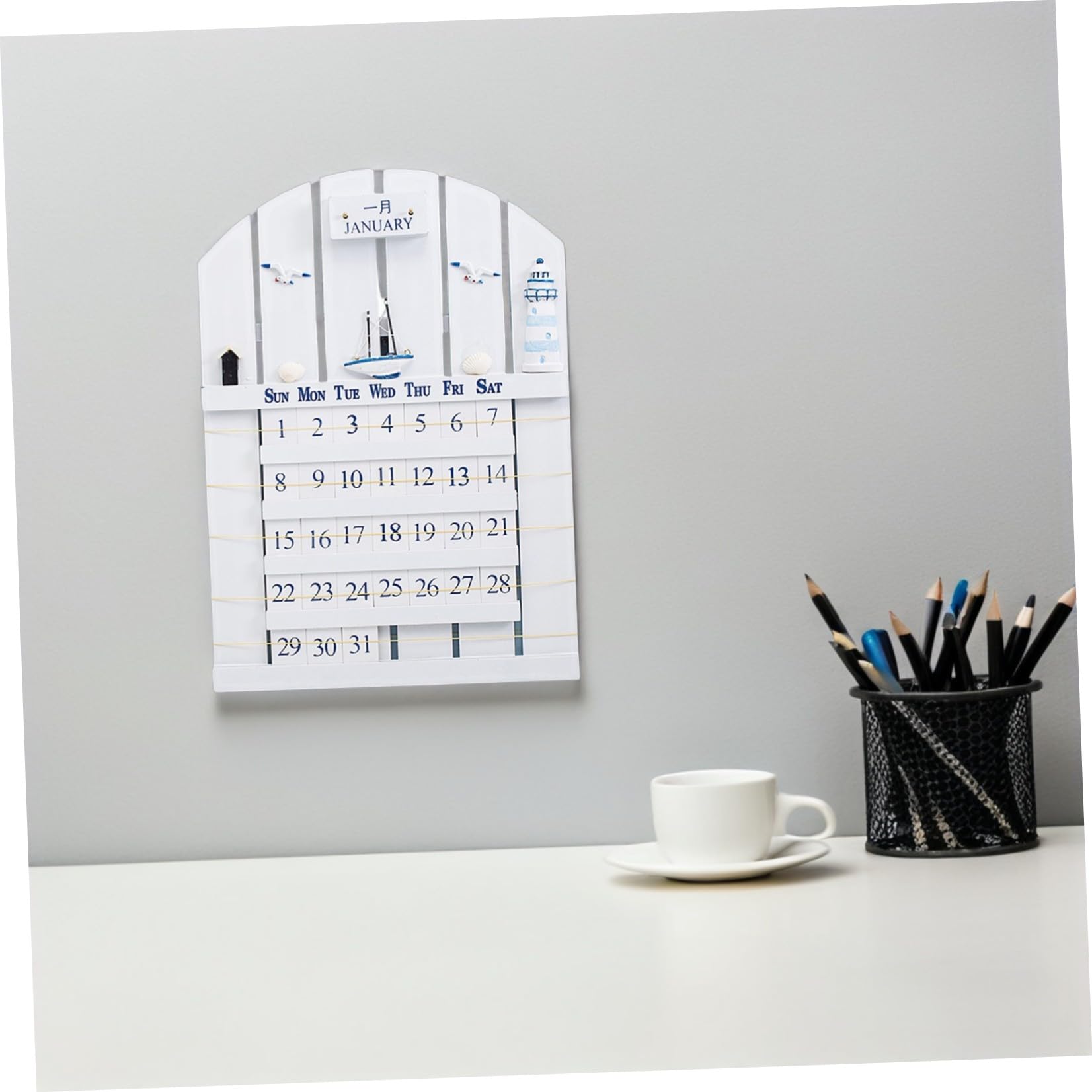 PACKOVE Ewiger Kalender Kreativer Starker und Einfach zu Ändernder Wandkalender aus Mdf Holz im Mediterranen Stil in Weiß für Büro und Studium