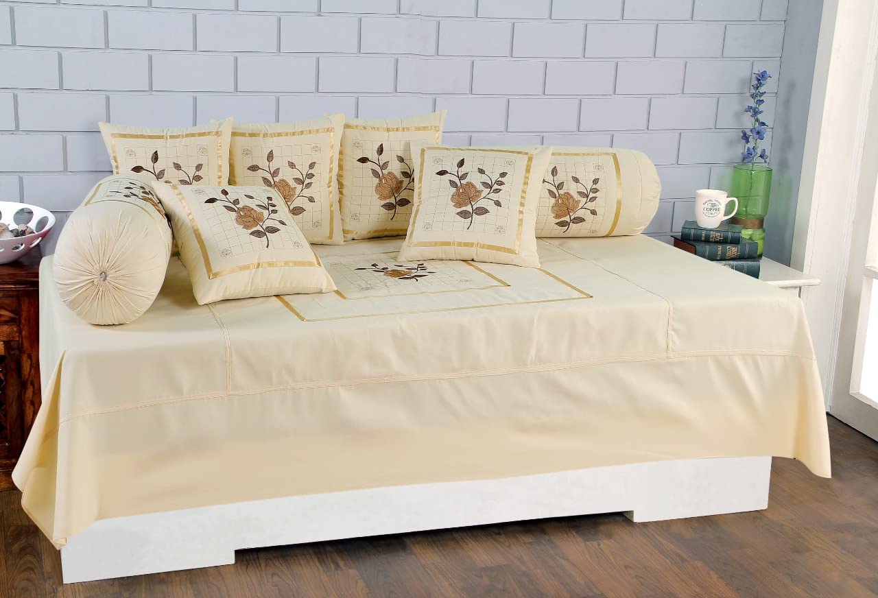 Microfiber Deewan Set for Living Room, 8 Pieces Combo of 1 Single Bedsheet with 5 Cushion and 2 Bolster Cover, Floral Diwan Set for Home Décor (60x90 Inches, Cream)-image-29