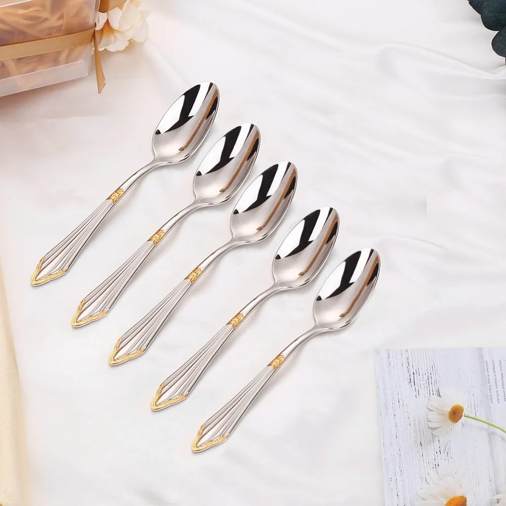 Cuchara de té Cucharas de postre Cuchara de café de acero inoxidable 18-10 chapada en oro de 5,5" 3/4/5/6 piezas, apta for lavavajillas, juego de 5 cucharas de té y postre de plata brillante, chapada
