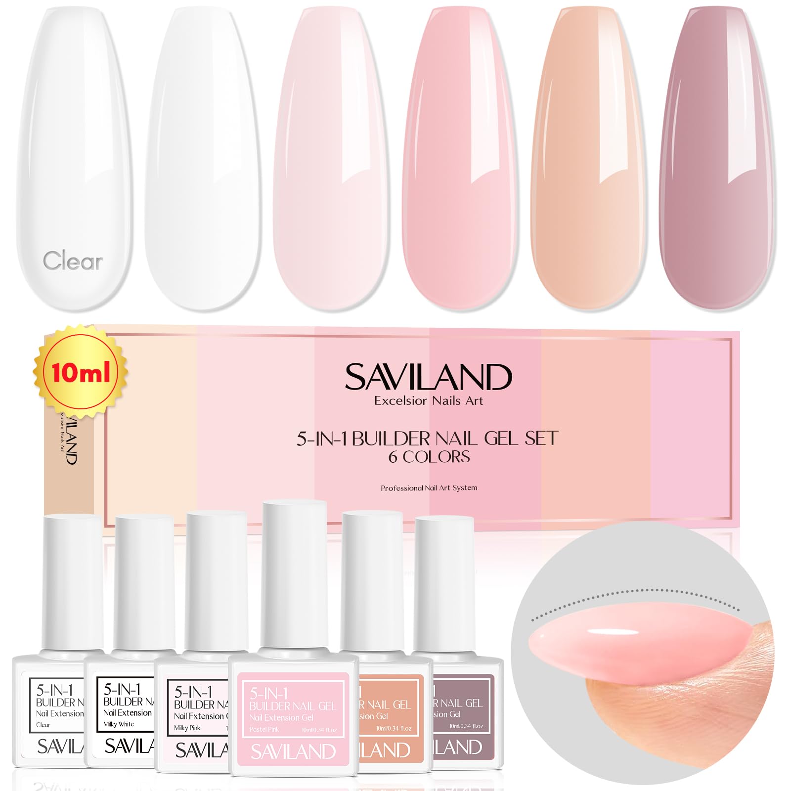 SAVILAND10 ML Builder Nail Gel Set - 6 Colors 5 in 1 Clear Milky Pink Nudes Gel Builder in A Bottle Nails Extension Strengthener Gel for Thin and Damaged Nails Hard Gel Kit as Gift for Women