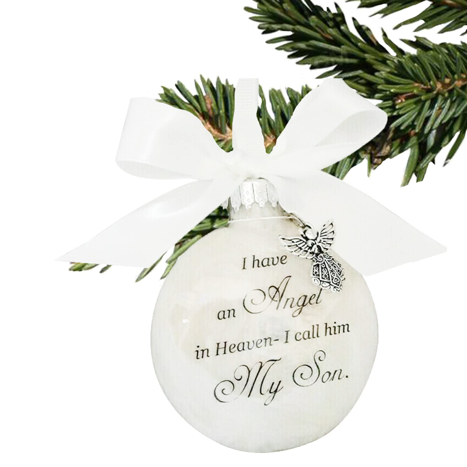 Christmas Memorial Baubles Ornaments Feather Ball “I Have an Angel in Heaven” With Small Angel Christmas Bauble Ornament, Mum Dad Hanging Decoration