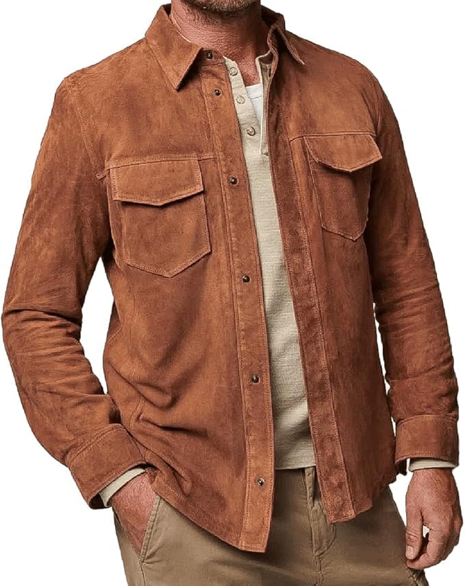 Men’s Trucker Casual Western Fashion Cowboy Turn-Down Collar Shirt Style Suede Leather Jacket