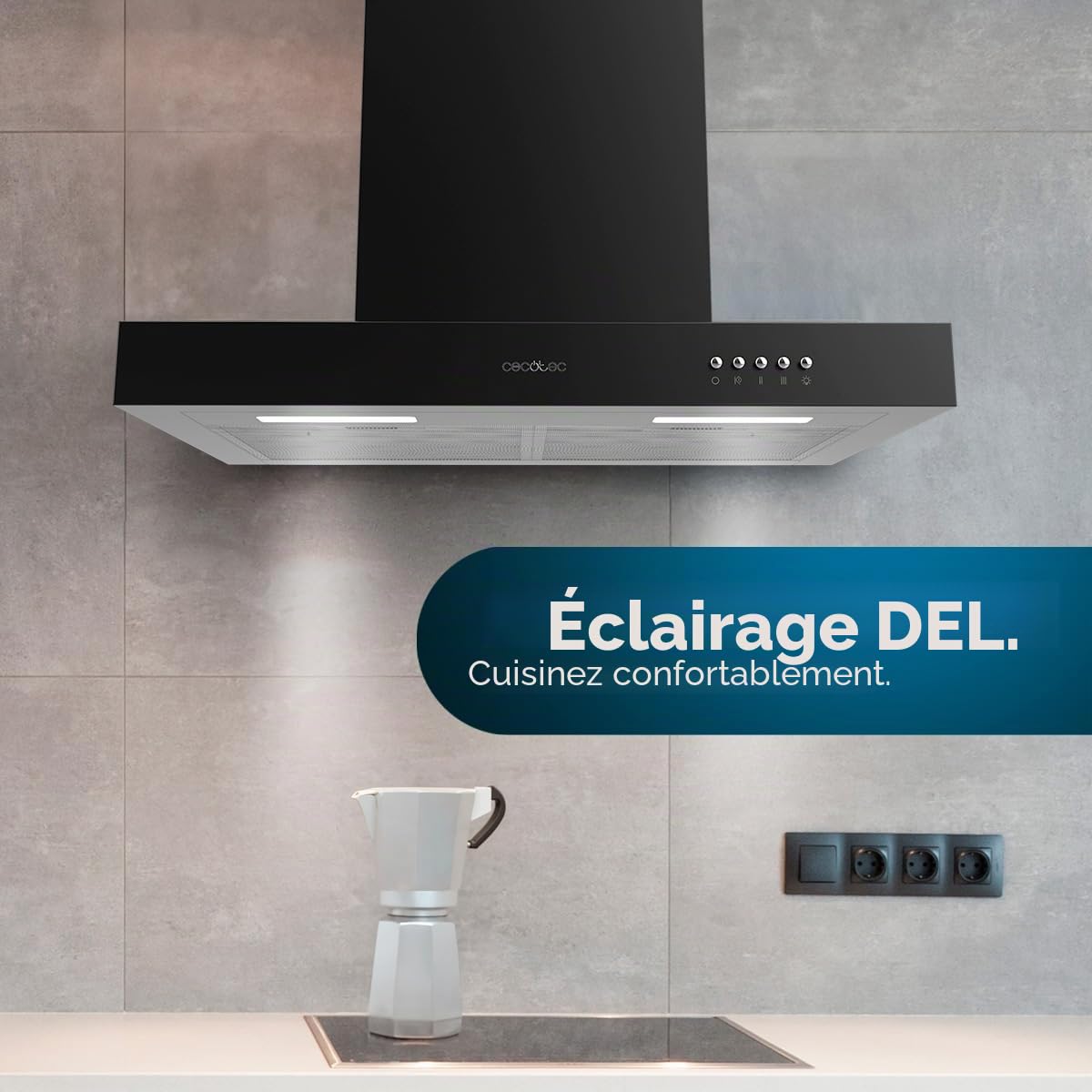 Cecotec Hotte Aspirante 60 cm Type T Bolero Flux TM 606500 Black A. Moteur 165W, Finition en Noir, Aspiration 650m3/h, Contrôle Mécanique, 3 Niveaux de Puissance, Éclairage et Filtre à Charbon