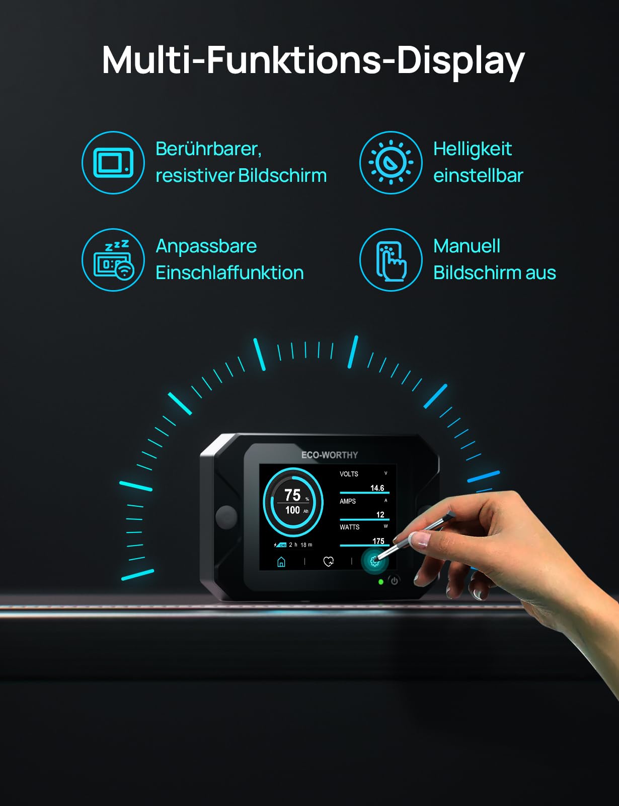 ECO-WORTHY aufgerüstet Batterie Monitor 300A 12V/24V/36V/48V,3,5" Touchable Display Batteriemonitor mit Alarm,9-80V Li-Ion/LiFePO4/Gel-Batterien Batterietester für Wohnmobile, Solaranlagen