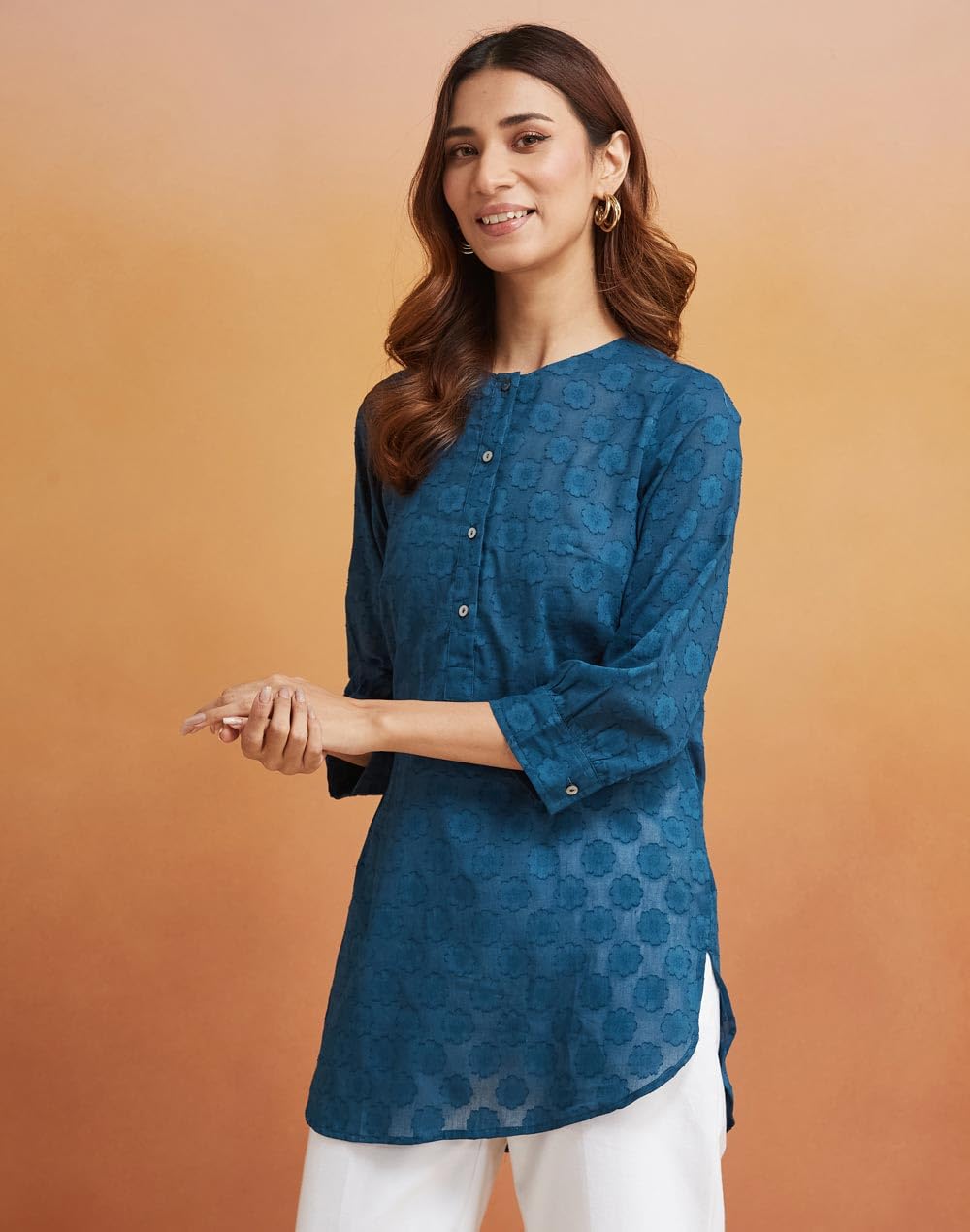 Fabindia Women's Dobby Regular Fit Tunic (1038749Blue_Blue