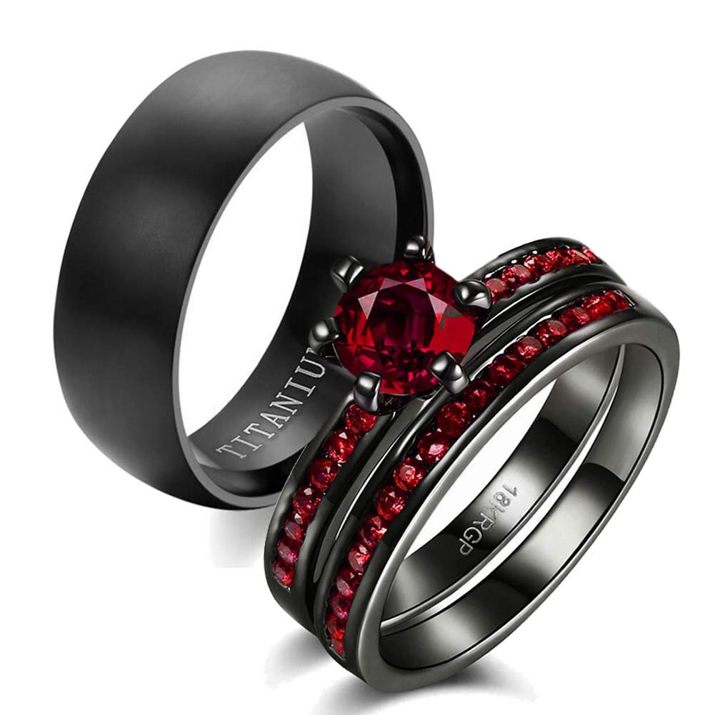 WRS WEDDING RING SETTwo Rings His Hers Wedding Ring Sets Couples Matching Rings Women's 2pc Black Gold Filled Red CZ Wedding Engagement Ring Bridal Sets Men's Titanium Wedding Band, Crystal stone Metal, Cubic Zirconia