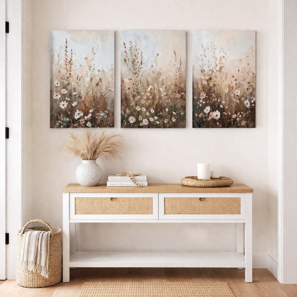 CHTEXA Wildflower Wall Art Canvas Set of 3, Rustic Neutral Botanical Prints, Beige Brown Meadow Artwork, Modern Farmhouse Nature Decor for Living Room, 16x24 Inch