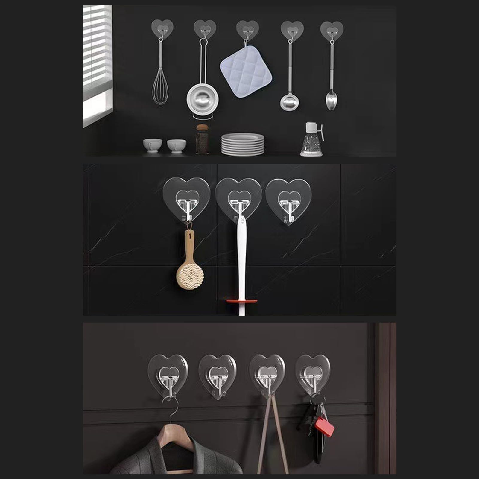 Crochet Adhésif, Crochet Collant, Crochets Muraux De Poids En Forme De Cœur Sans Dommage, 10x Outil D'organisation De Cintre De Cuisine Transparente Amovible Pour Le Placard De Manteau
