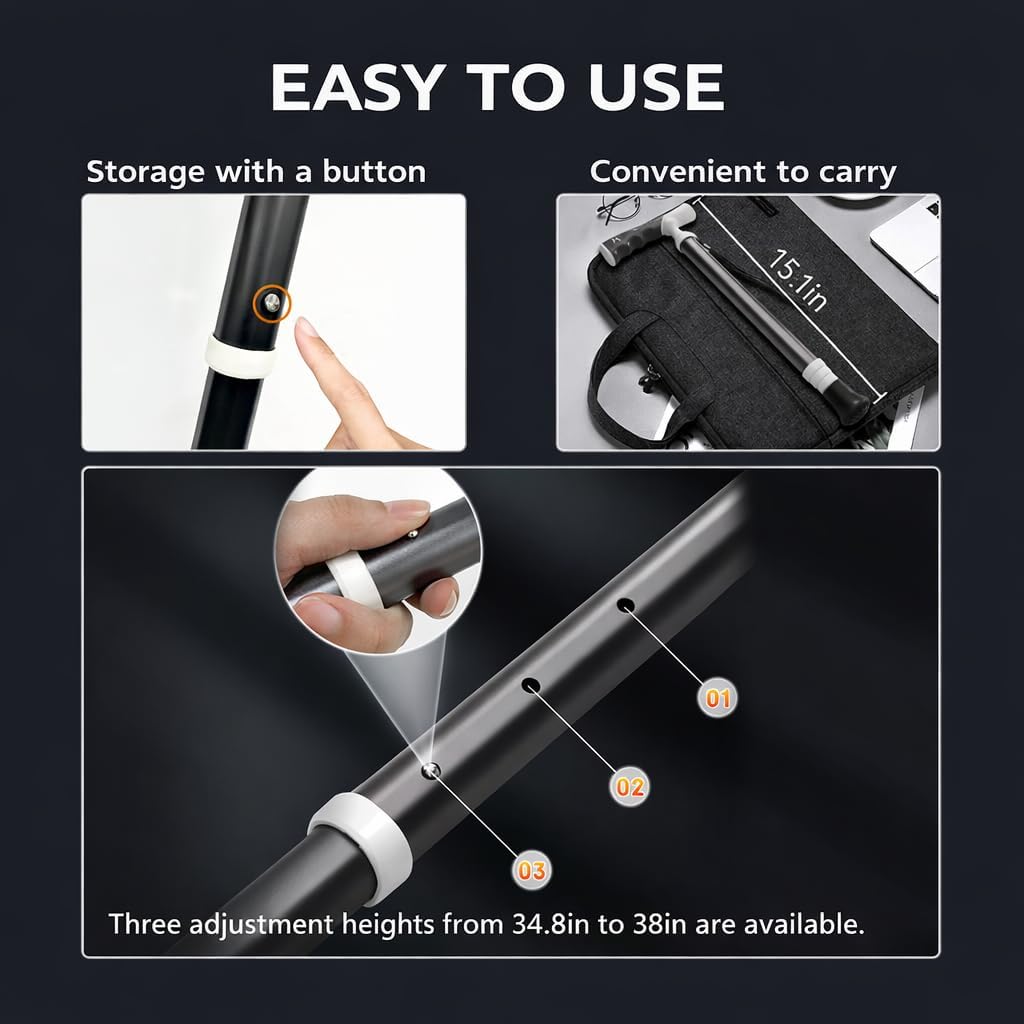 Titanium Alloy Walking Cane for Men & Women – Foldable & Adjustable Walking Stick with 2-in-1 T/L Ergonomic Handle, Lightweight & Heavy Duty Collapsible,Gray