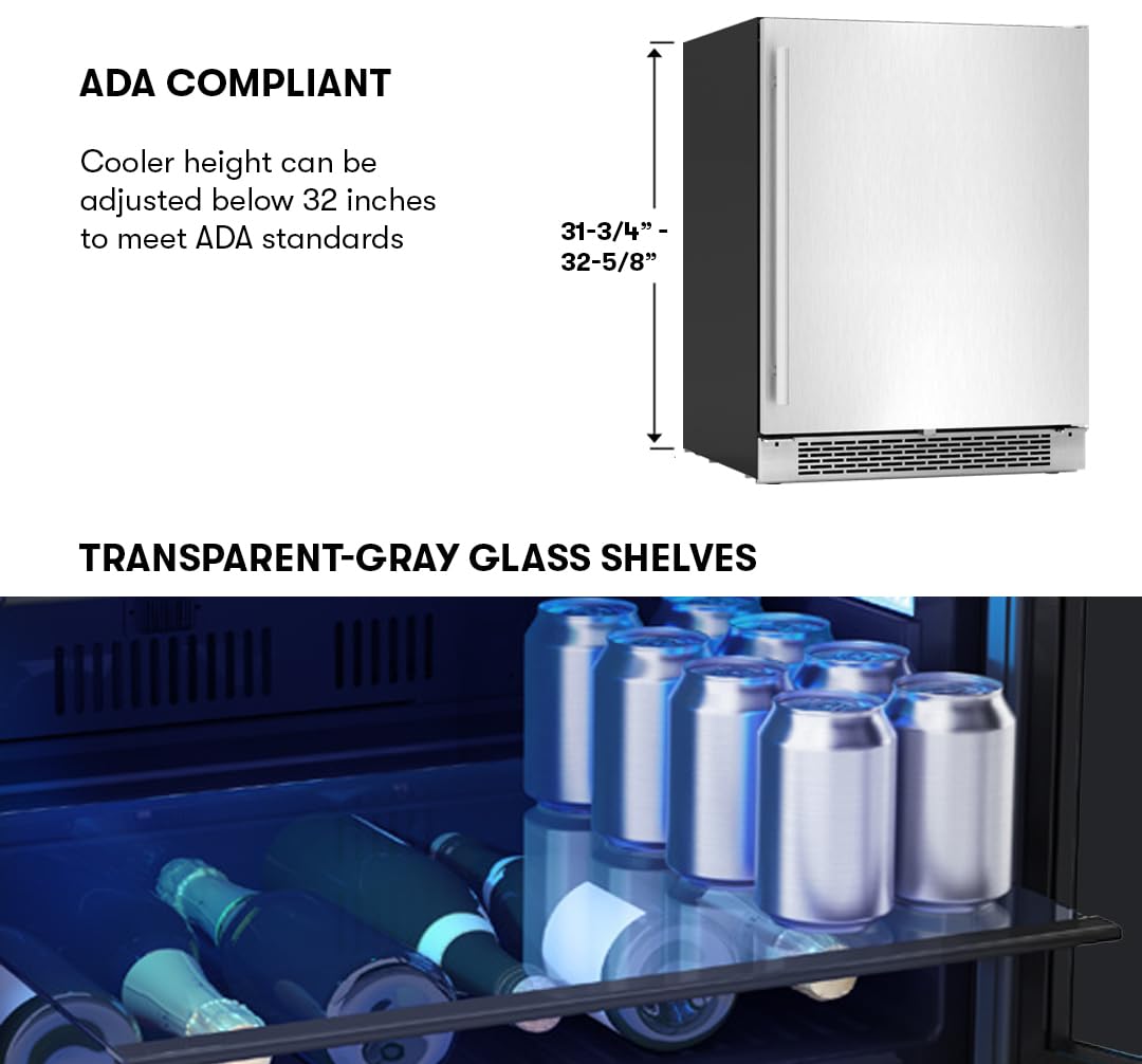 Zephyr Brisas 24" Wine Fridge & Beverage Refrigerator ADA Single Zone Under Counter - Mini Wine Cooler Cellars Small Beer Cabinet Drink Chiller Freestanding Stainless Steel Door - 8 Bottles 98 Cans on Fridge.com - View 6