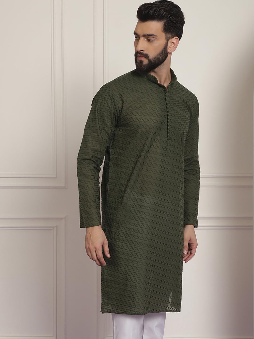 Sojanya (Since 1958 Ethnic Motifs Embroidered Thread Work Pure Cotton Dark Green Straight Only Kurta