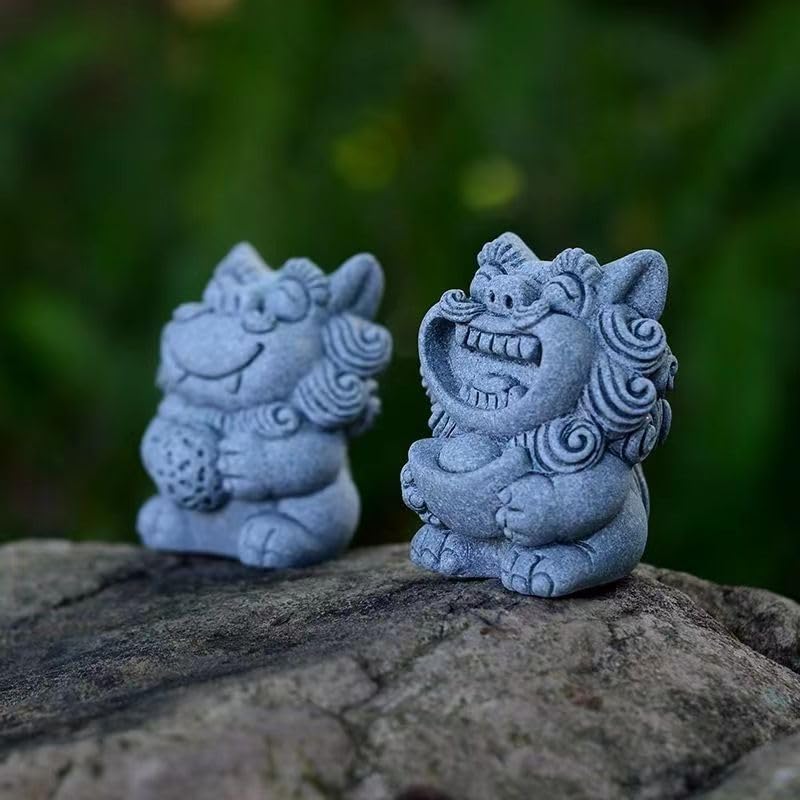 Miniatura 4 de Estatuas de perros Fu Foo para pecera, decoración de estatuas de un par de figuras asiáticas japonesas de arenisca de león para tanques de 10