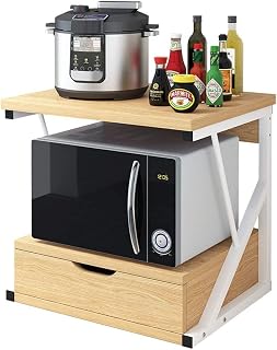 NICEME 2 Tiers Microwave Oven Rack Shelving Unit Kitchen Home Office Storage Shelf Organizer (Pine Color, 2 tiers with drawer)