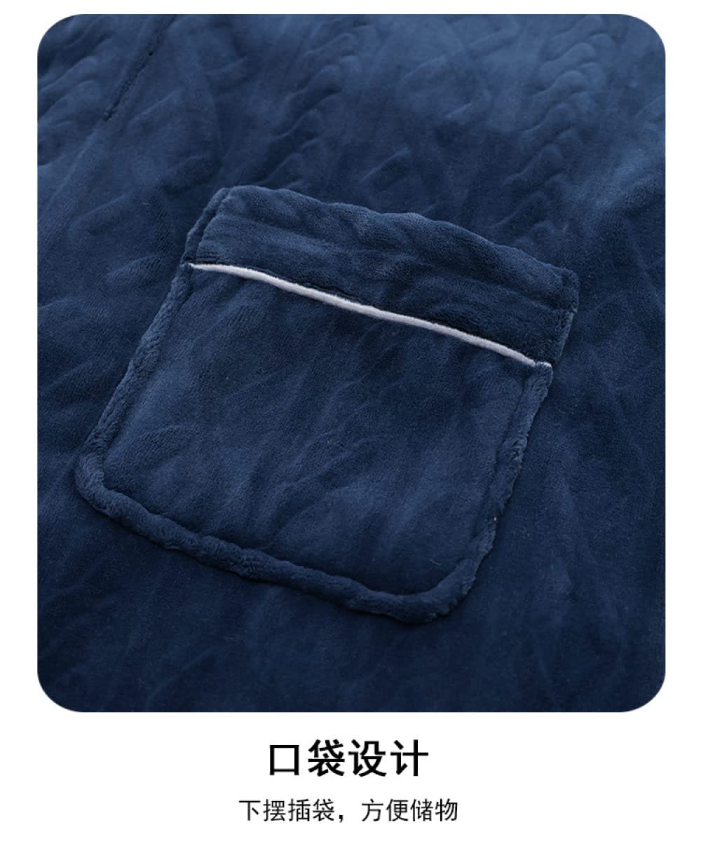 Accapatoio Adulti Uomo,Accappatoio Invernale Jacquard A Costine Blu Scuro Vintage Vestaglia In Flanella Collo A Scialle Unisex Accappatoio Da Doccia A Maniche Lunghe Loungewear Kimono Robe Per Uomo