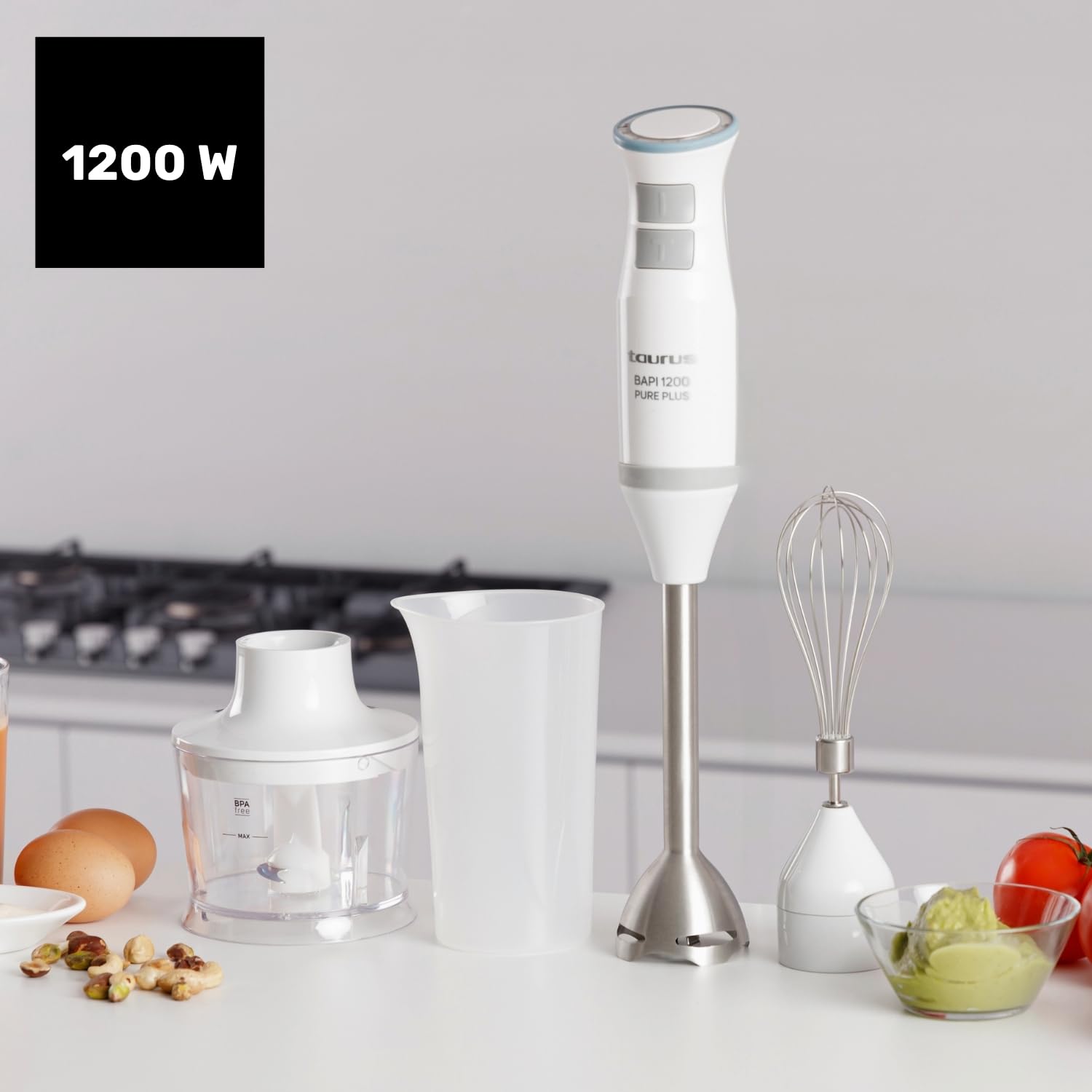 Taurus – Batidora de mano Bapi 1200 Pure Plus | 1200W | 20 velocidades + Turbo | Cuchillas y varilla inox | Turbo Rotation System | Campana antisalpicaduras | Set completo de accesorios