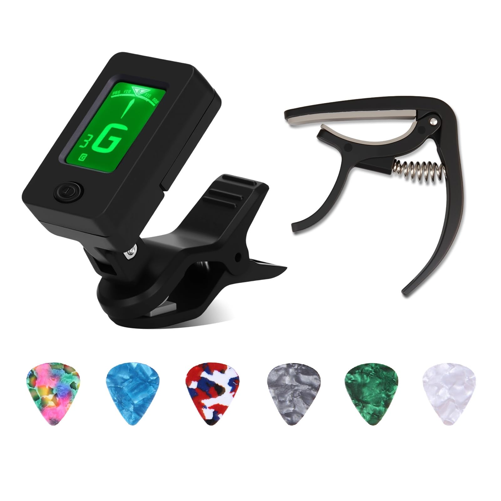 Lotnery Guitar Tuner and Guitar Capo Set including 6 Celluloid Picks (0.46mm), Clip-On Digital Tuner