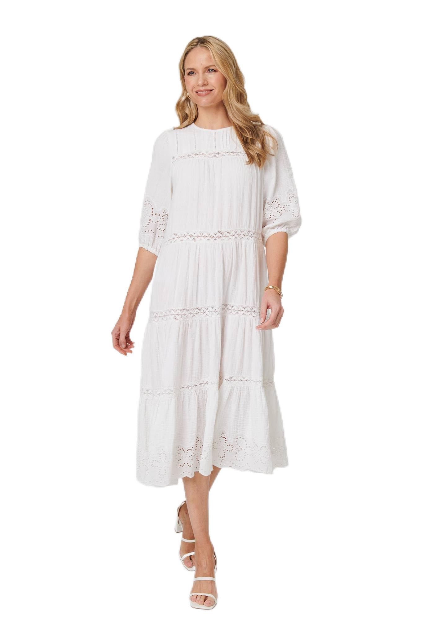Izabel London Women's White Broderie Anglaise Trim Tiered Midi Dress In | Size: 10