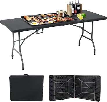 Portable Folding Table 6ft Heavy Duty Plastic Foldable Table with Carrying Handle Outdoor Indoor Plastic Dining Table for Camping and Party Picnic, Black