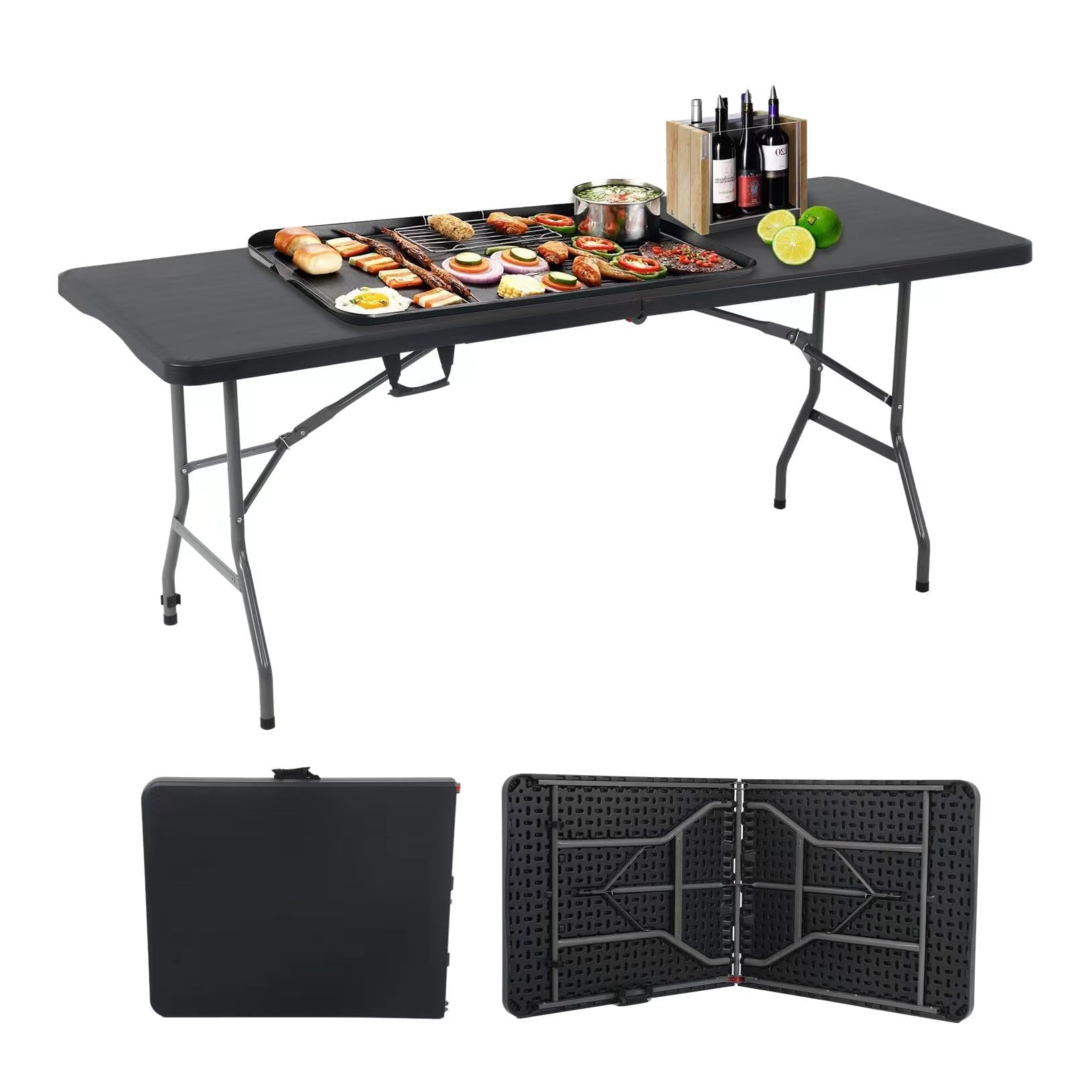 Generic Portable Folding Table 6ft Heavy Duty Plastic Foldable Table with Carrying Handle Outdoor Indoor Plastic Dining Table for Camping and Party