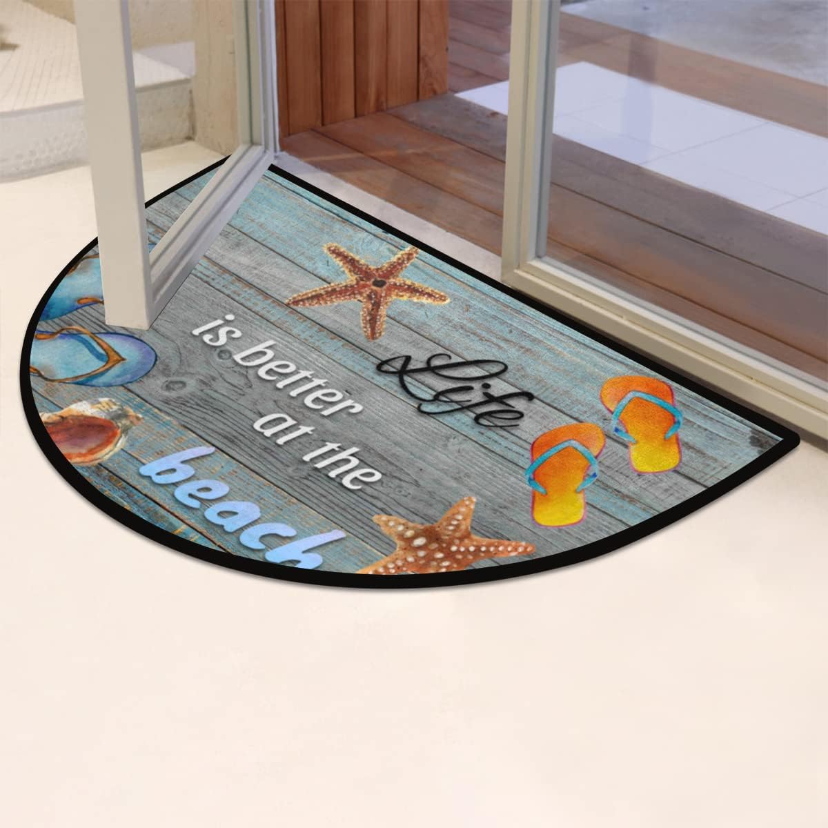 Beach Board Starfish Half Round Door Mat,Shell Quote Welcome Mat for Front Door Non-Slip Entryway Rug Floor Doormat for Inside Outside Entry Bedroom Bathroom Kitchen Garage Patio,24"x 36"