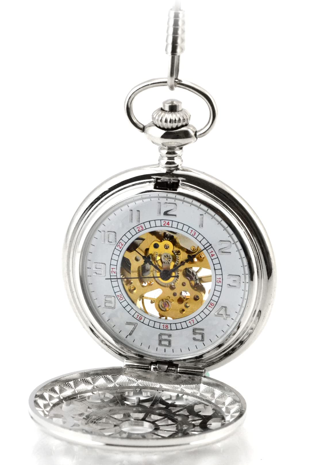 Forma de Corazón Telaraña Hueco Esqueleto Acero Reloj de Bolsillo Movimiento Mecánico Plateado
