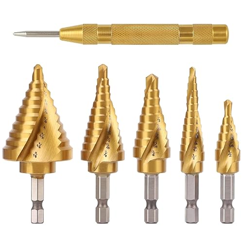 Miniatura 3 de Juego de 6 brocas escalonadas con caja de aluminio, brocas escalonadas de titanio de acero de alta velocidad con punzón central automático para